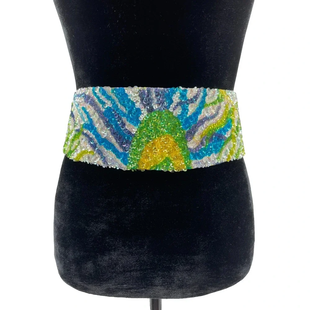 Vintage La Mendola Royal Bird Hand Beaded Blue White Pure Silk Chiffon Belt